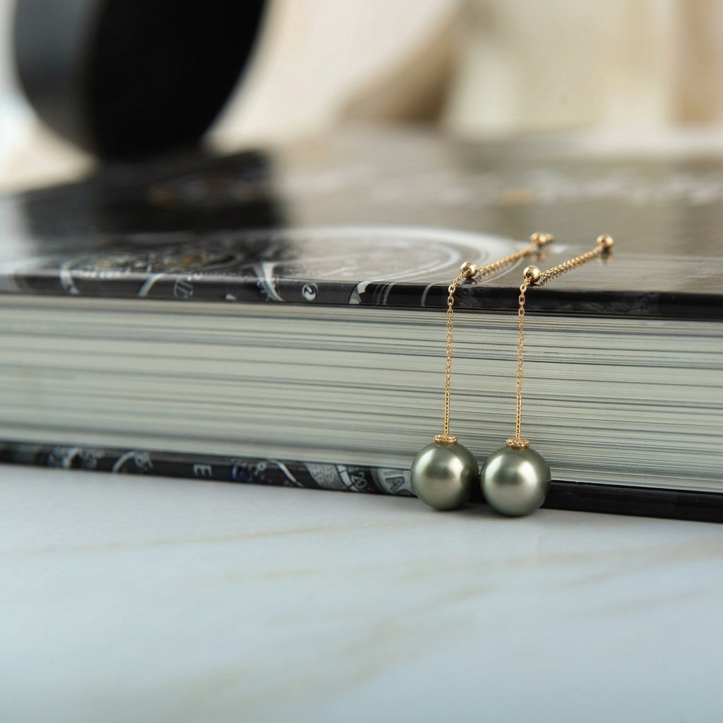 Qlassico dangling earrings from the  Celestial Capsule, featuring a pair of round grey-green Tahitian pearls set in 18K yellow gold.
