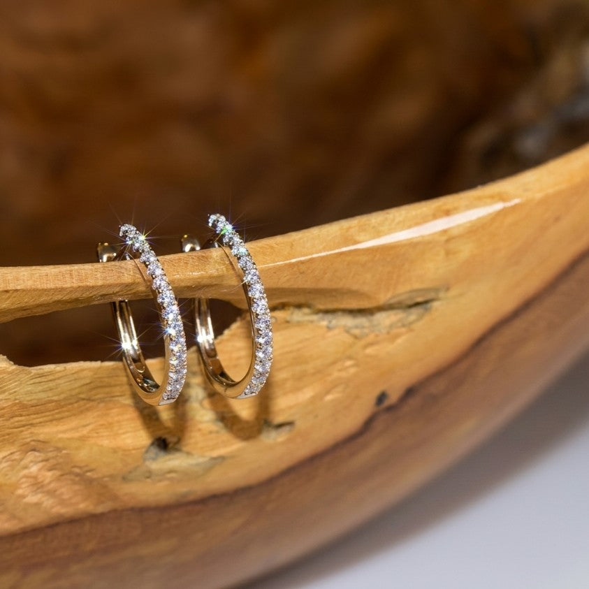 Qlassico diamond hoop earrings featuring natural diamonds set in 14K white gold.
